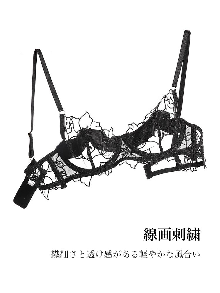 【ノンパテッド】花咲く 刺繍レースブラ&ショーツセット