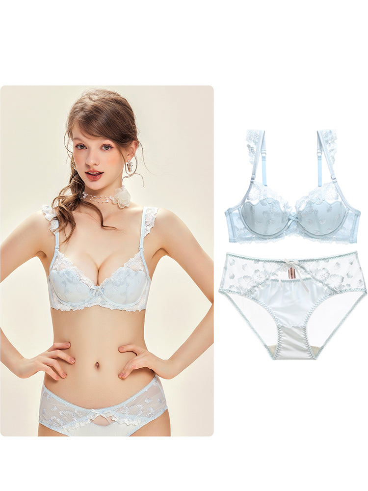 【ワイヤー入り】フリル肩紐 配色刺繍ブラジャー&ショーツ