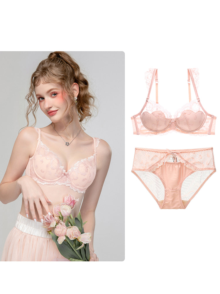 【ワイヤー入り】フリル肩紐 配色刺繍ブラジャー&ショーツ