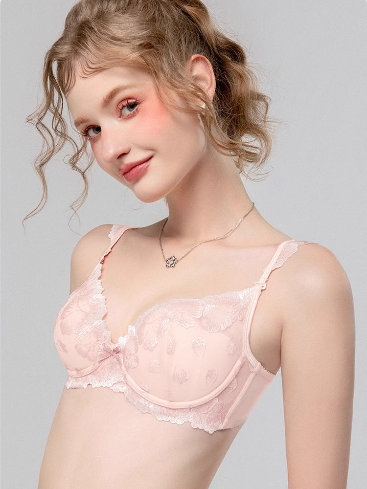 【ワイヤー入り】フリル肩紐 配色刺繍ブラジャー&ショーツ