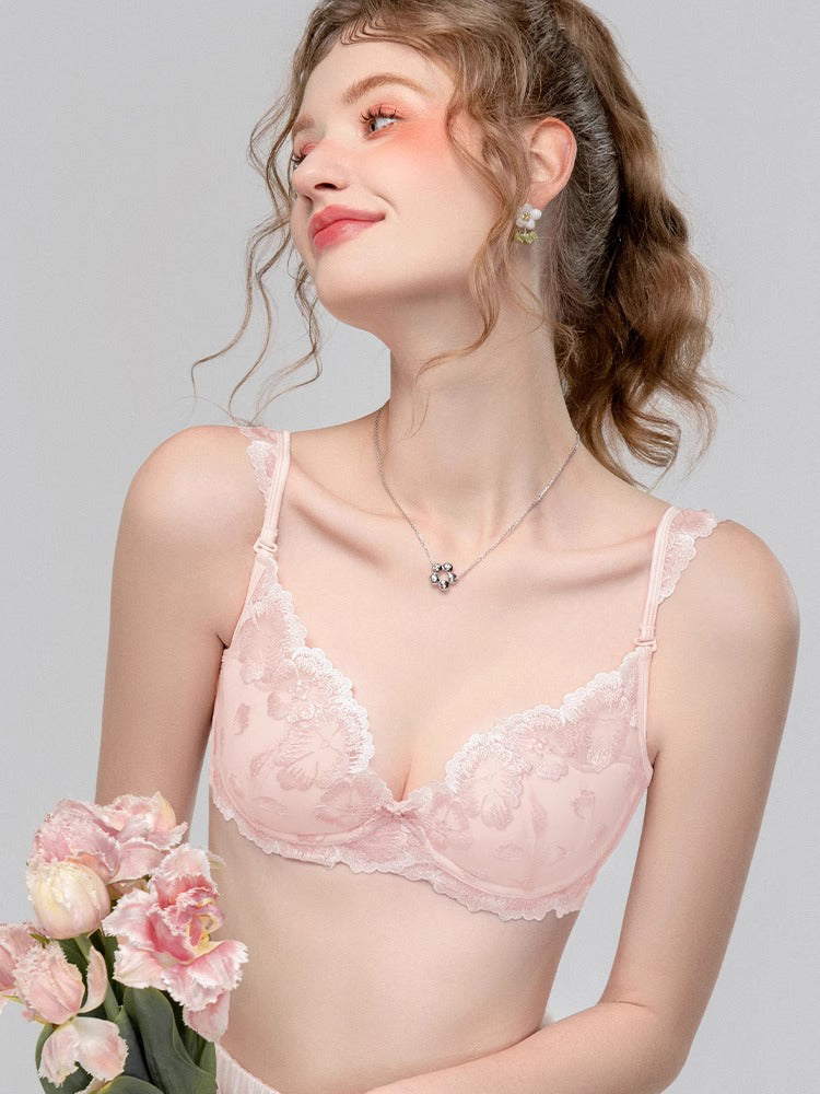 【ワイヤー入り】フリル肩紐 配色刺繍ブラジャー&ショーツ