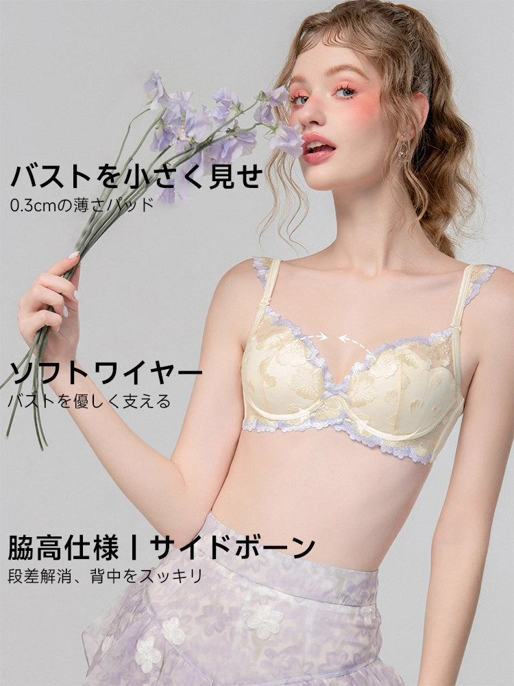 【ワイヤー入り】フリル肩紐 配色刺繍ブラジャー&ショーツ