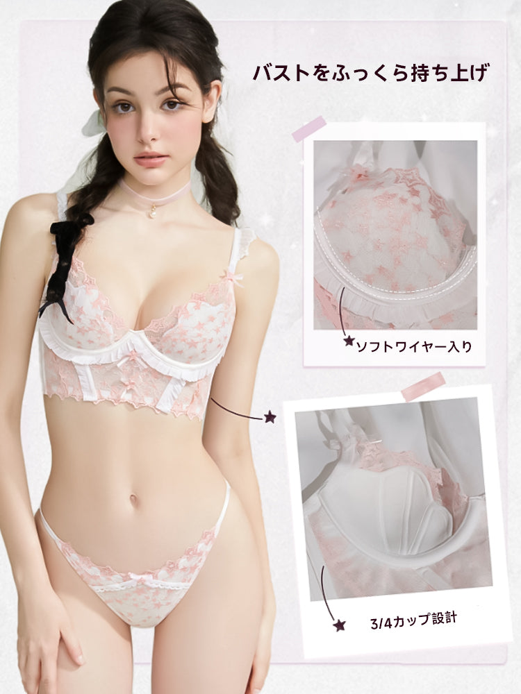 【ワイヤー入り】ロングライン 星柄レースブラ&ショーツ【脇高で背中すっきり】