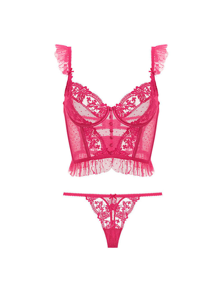 【ワイヤー入り】ノンパテッド 総レースロングブラジャー&ショーツ