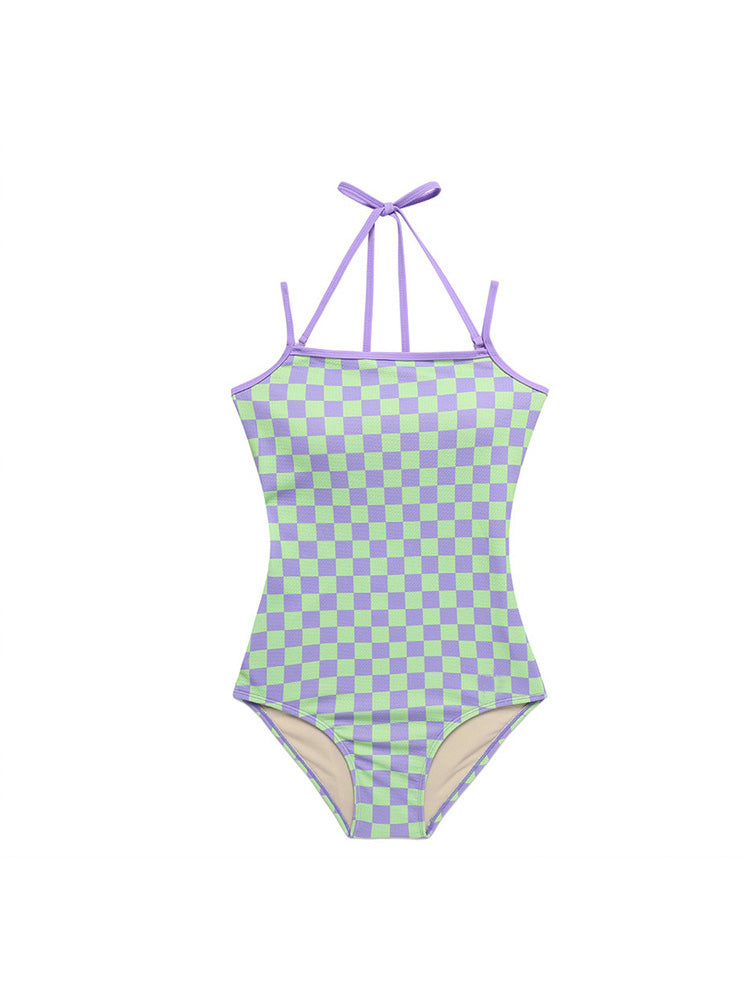 【ワイヤー入り】チェック柄 背中見せワンピース水着