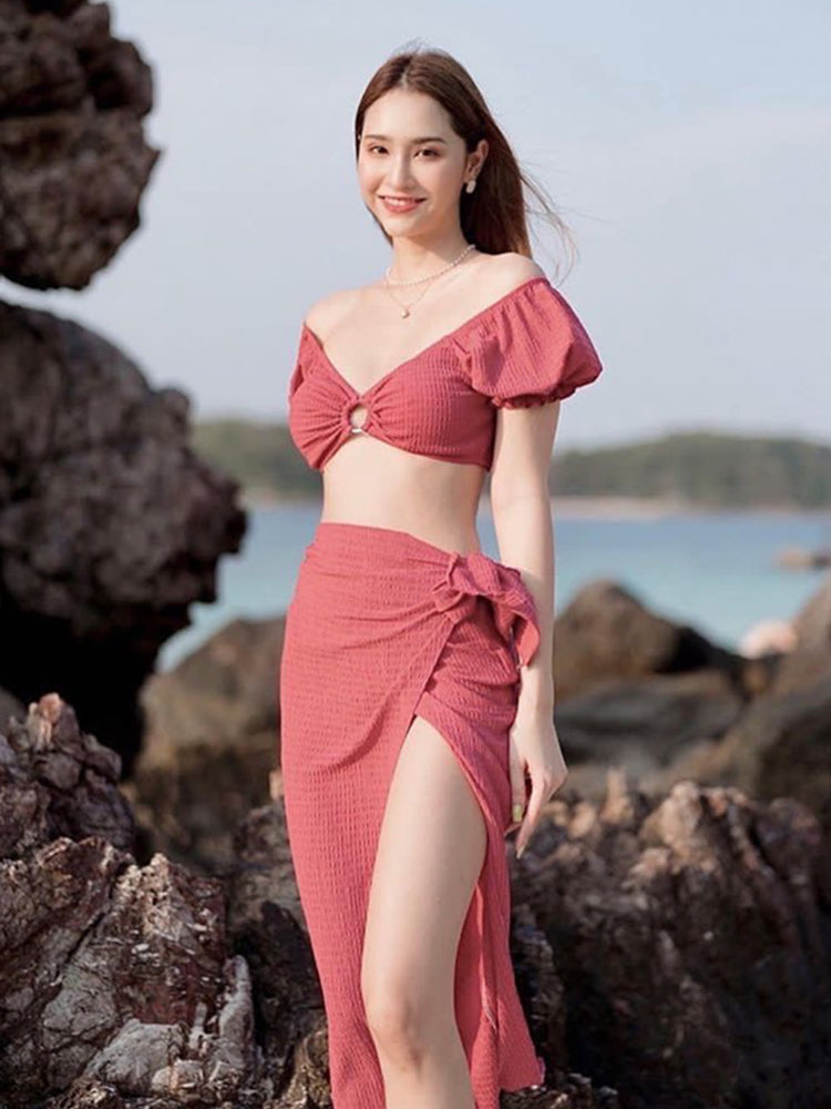 【ノンワイヤー】2wayショルダー パレオ付き 水着3点セット