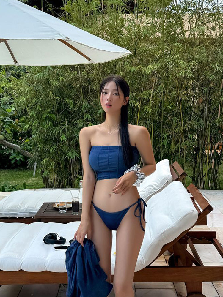 【ノンワイヤー】首回りを華奢に見せる ネービー色ビキニセット