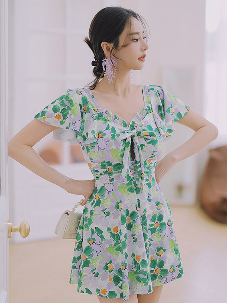 【ノンワイヤー】花柄フリルワンピース水着