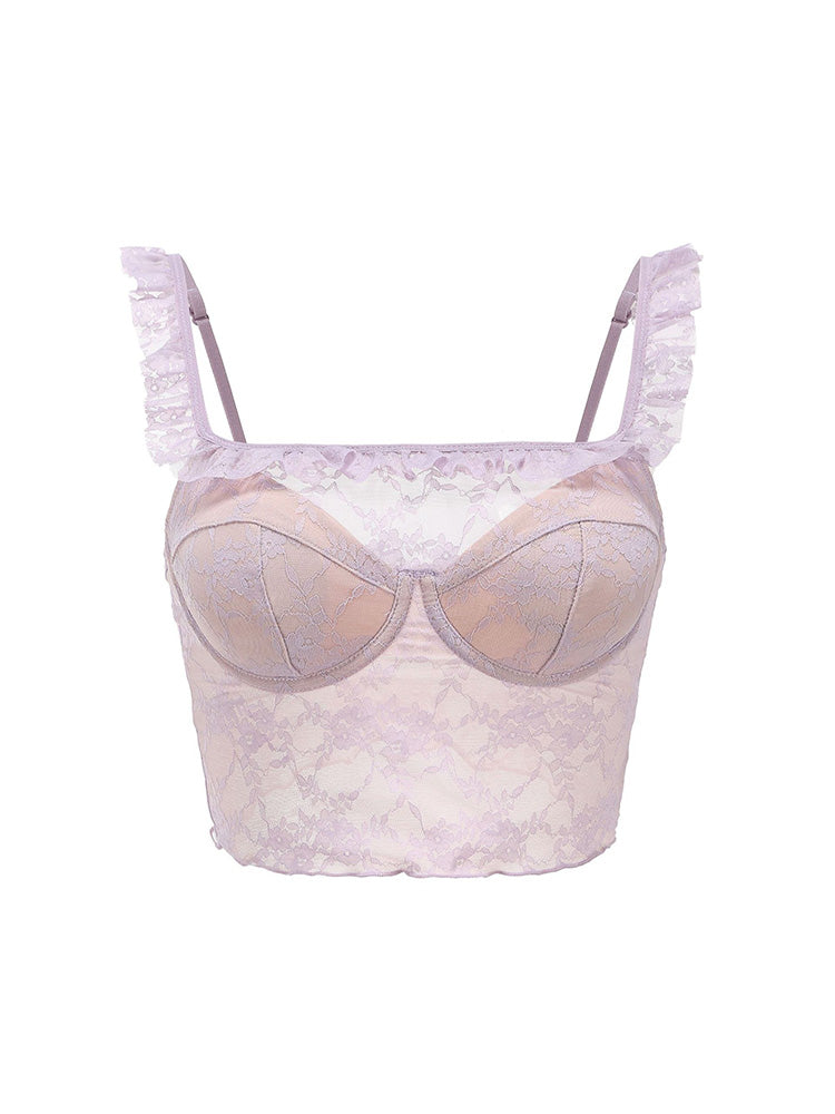 【ワイヤー入り】フリル肩紐 総レースキャミソール オシャレ