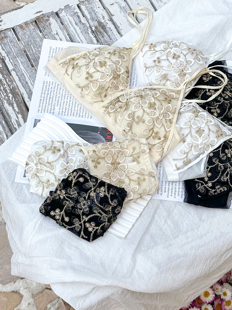 【在庫処分】【ノンワイヤー】フランス刺繡セクシーレース下着セット ブラ&ショーツ