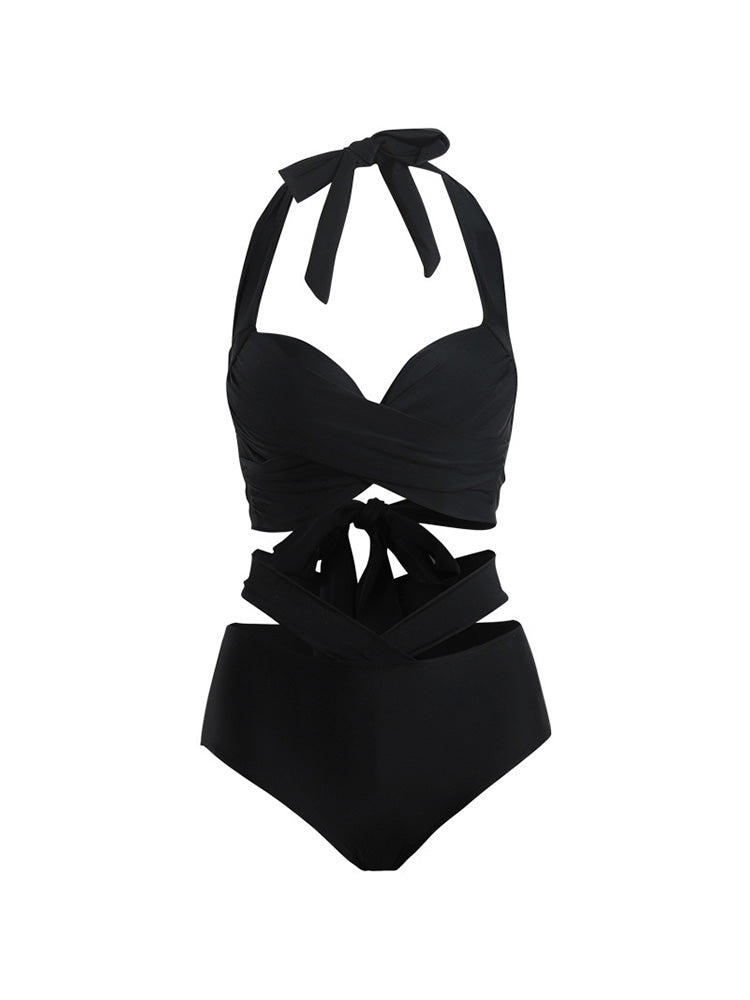 【ワイヤー入り】ホルダーネック 細見え交差デザインビキニ 2点セット