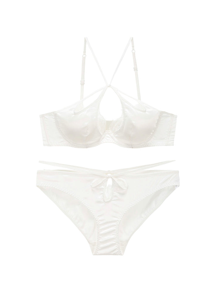 【ワイヤー入り】サテン光沢感&柔らかいレース ソフトワイヤー ブラ&ショーツセット