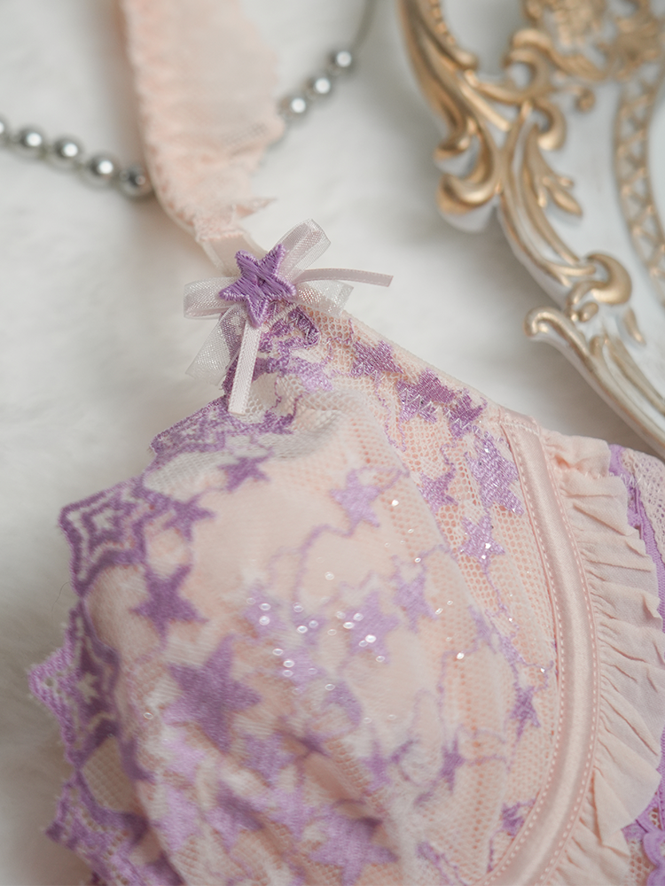 【ワイヤー入り】ロングライン 星柄レースブラ&ショーツ【脇高で背中すっきり】