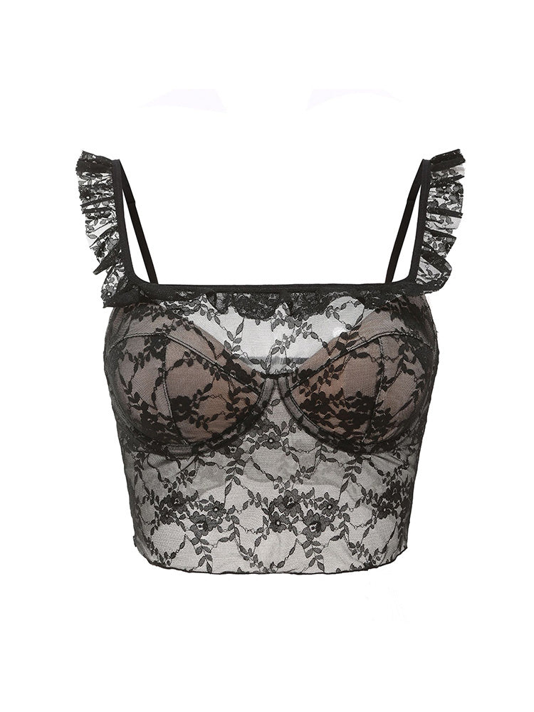 【ワイヤー入り】フリル肩紐 総レースキャミソール オシャレ