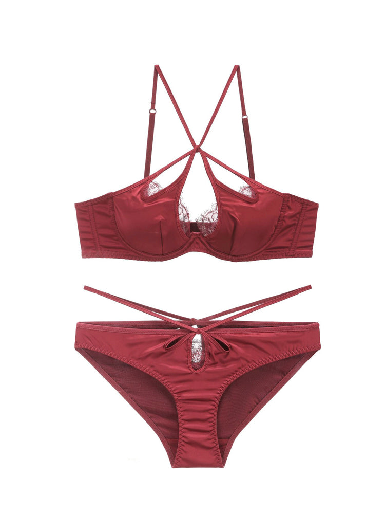 【ワイヤー入り】サテン光沢感&柔らかいレース ソフトワイヤー ブラ&ショーツセット