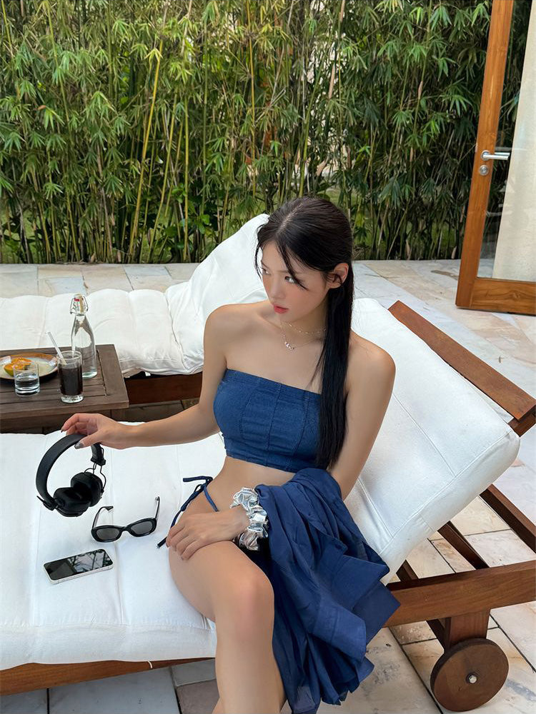 【ノンワイヤー】首回りを華奢に見せる ネービー色ビキニセット