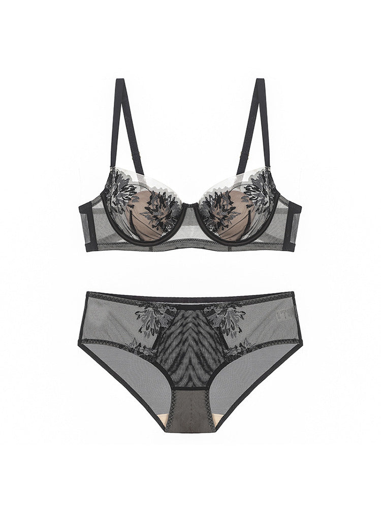 【エアリー・ワイヤー入り】花柄刺しゅうブラセット 3/4カップ