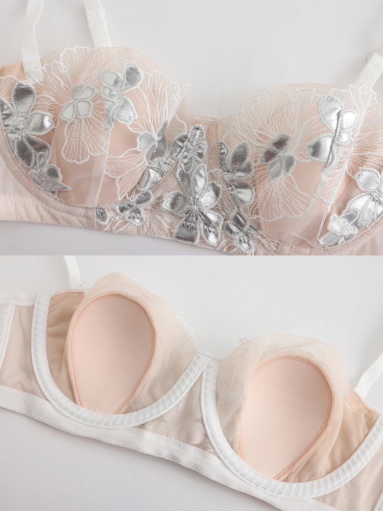 【エアリー・ワイヤー入り】花柄刺しゅうブラセット 1/2カップ