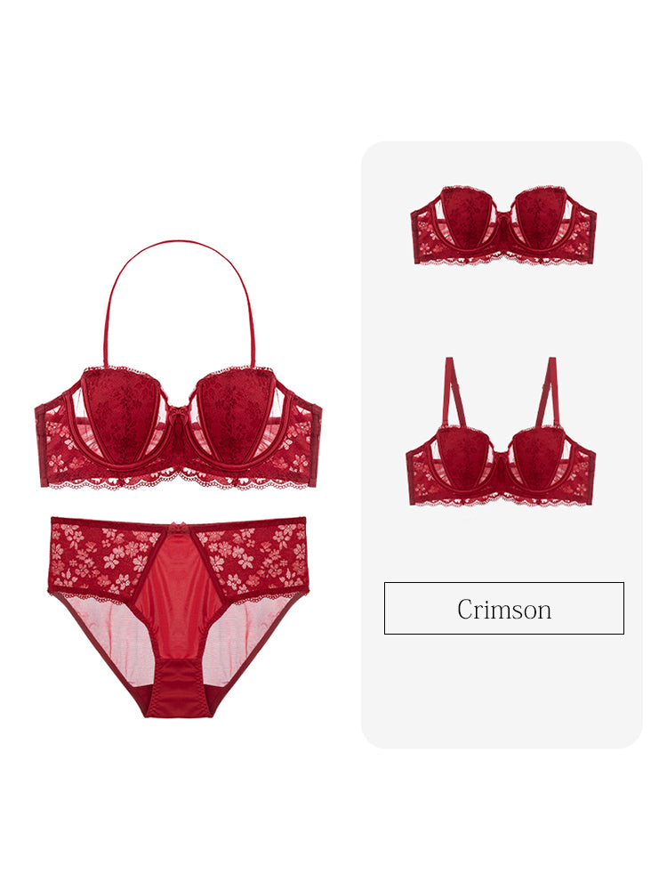 【ストラップレス・ワイヤー入り】3WAY着用可能 桜デザイン パッド薄手 総レースブラ&ショーツ