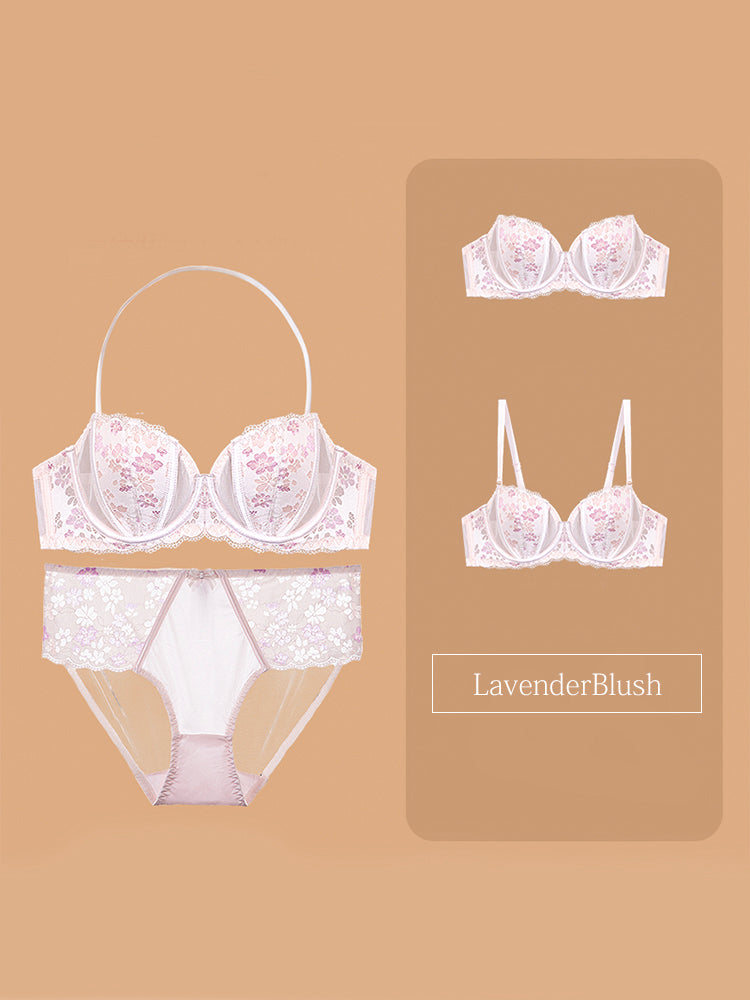 【ストラップレス・ワイヤー入り】3WAY着用可能 桜デザイン パッド薄手 総レースブラ&ショーツ