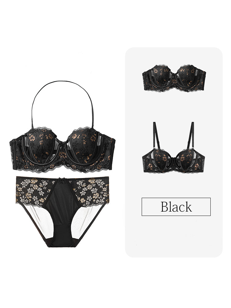 【ストラップレス・ワイヤー入り】3WAY着用可能 桜デザイン パッド薄手 総レースブラ&ショーツ