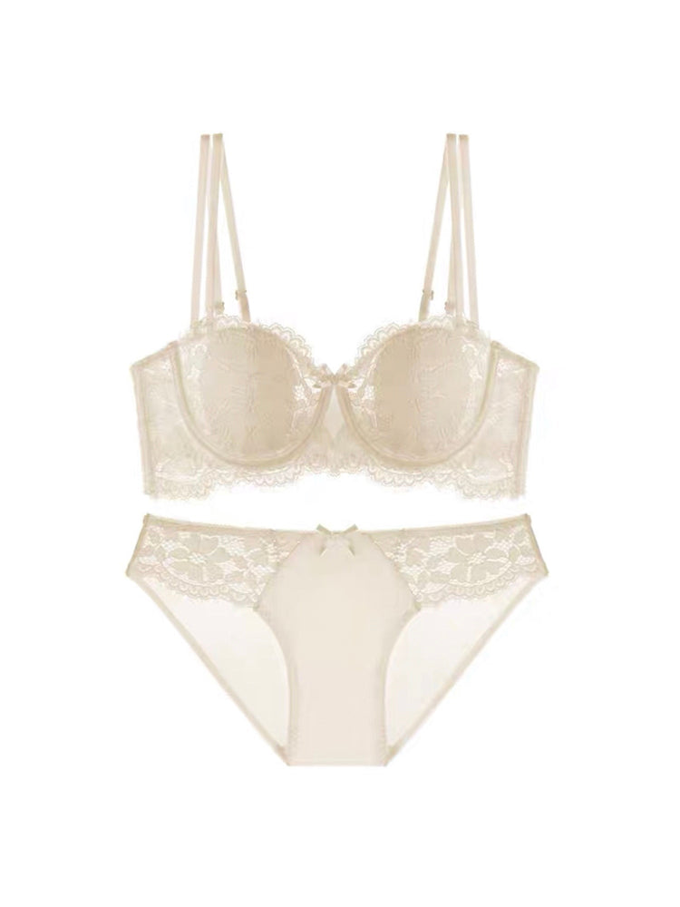 【ズレにくい・ワイヤー入り】ダブル肩紐脇高設計 総レースブラ&ショーツ ズレにくい