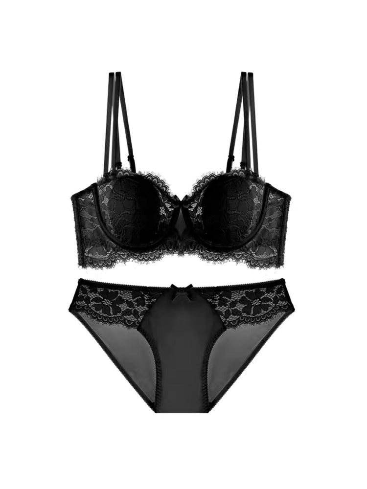 【ズレにくい・ワイヤー入り】ダブル肩紐脇高設計 総レースブラ&ショーツ ズレにくい