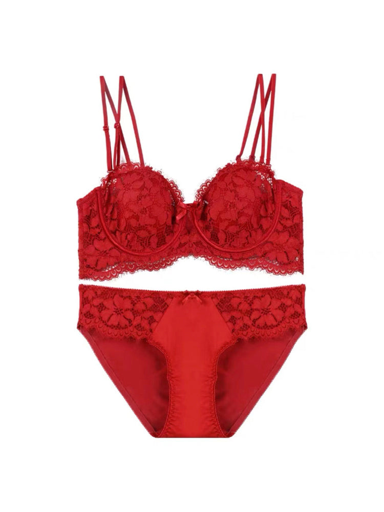 【ズレにくい・ワイヤー入り】ダブル肩紐脇高設計 総レースブラ&ショーツ ズレにくい