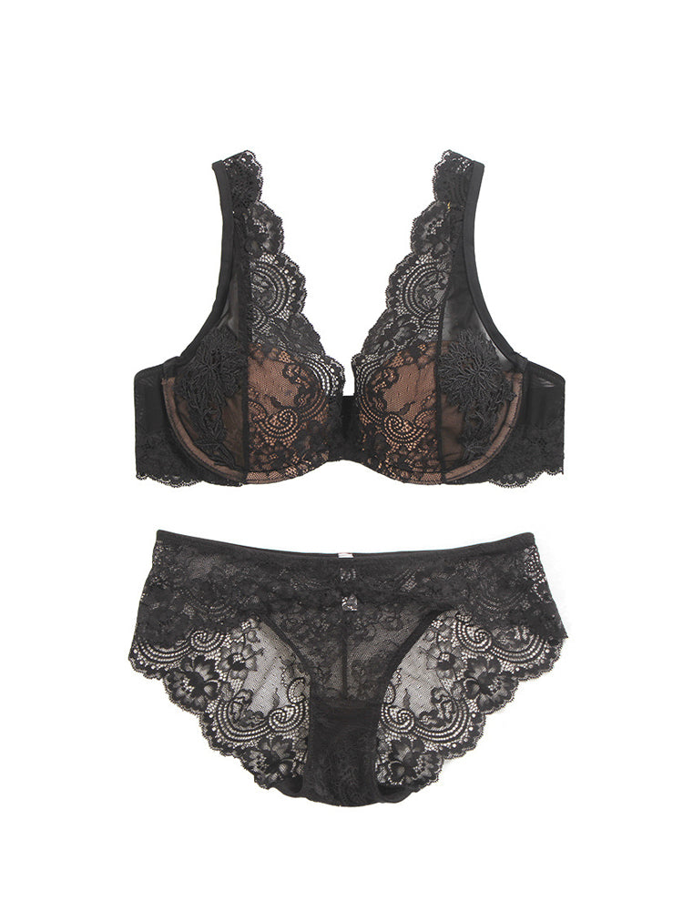 【ワイヤー入り】肩までレースブラ&ショーツ