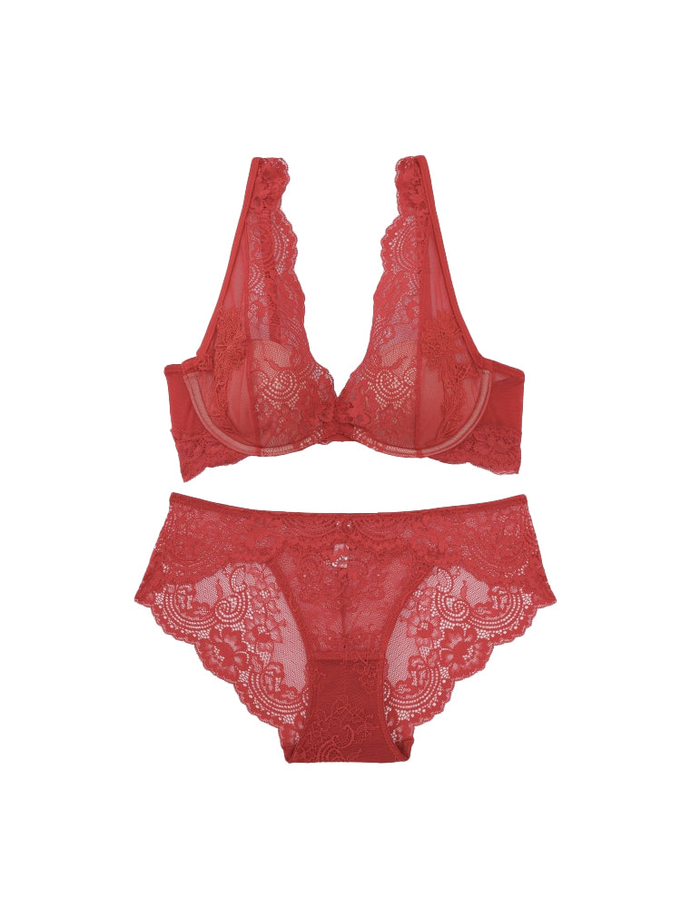 【ワイヤー入り】肩までレースブラ&ショーツ