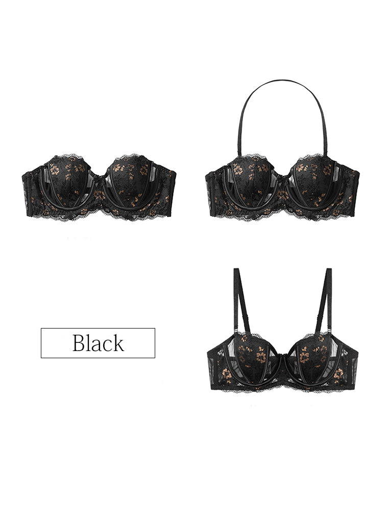 【ストラップレス・ワイヤー入り】3WAY着用可能 桜デザイン パッド薄手 総レースブラ