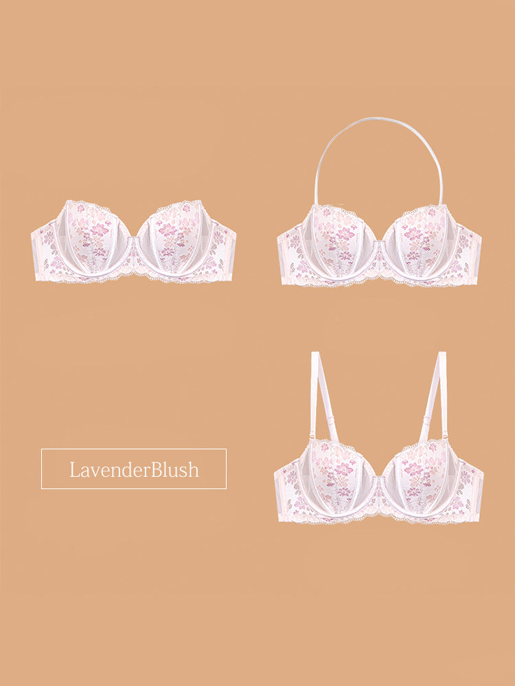 【ストラップレス・ワイヤー入り】3WAY着用可能 桜デザイン パッド薄手 総レースブラ