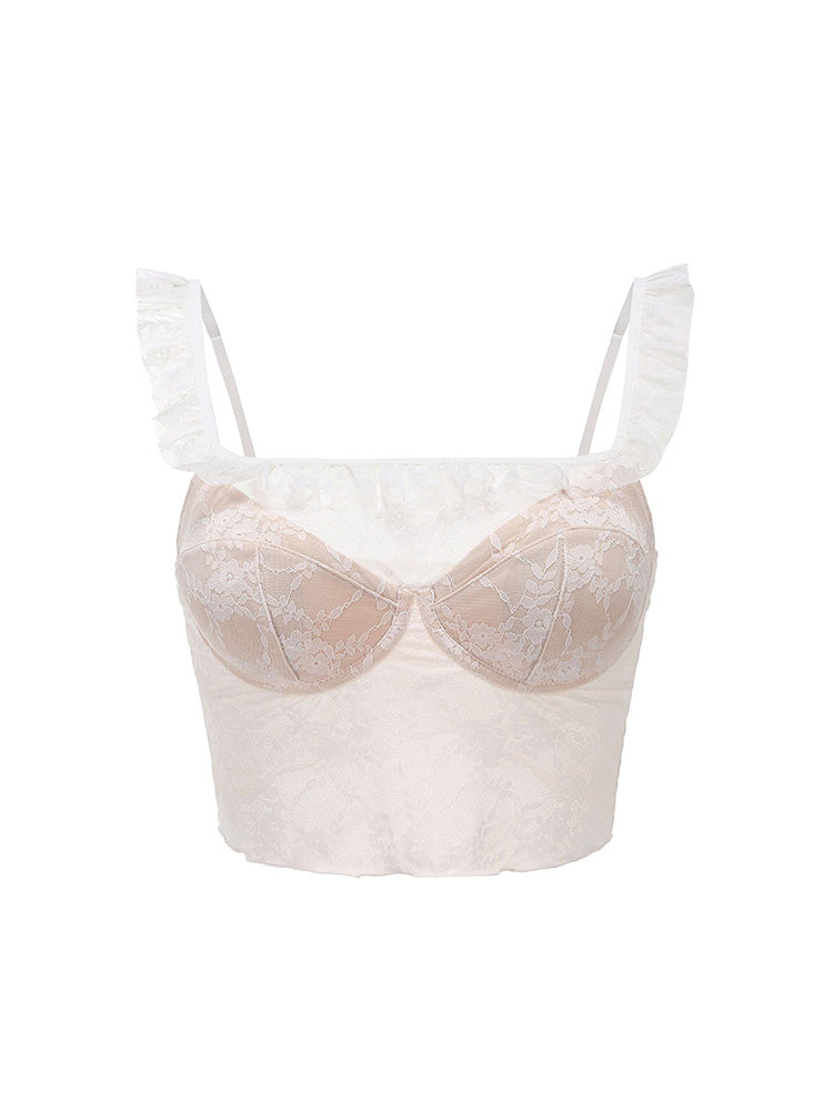 【ワイヤー入り】フリル肩紐 総レースキャミソール オシャレ