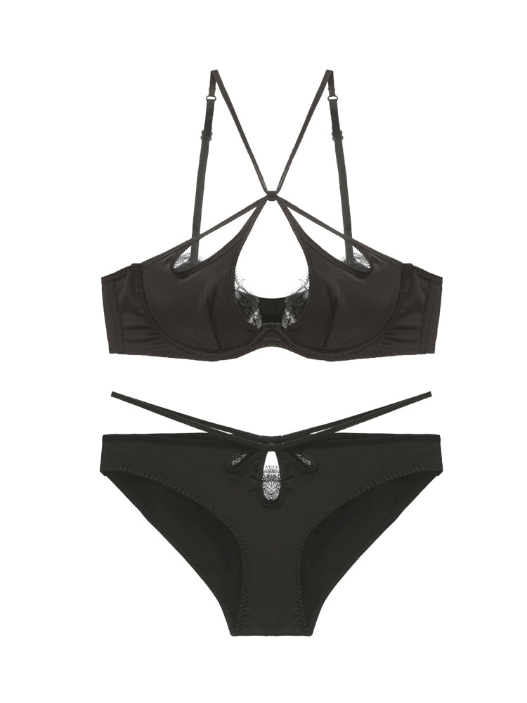 【ワイヤー入り】サテン光沢感&柔らかいレース ソフトワイヤー ブラ&ショーツセット