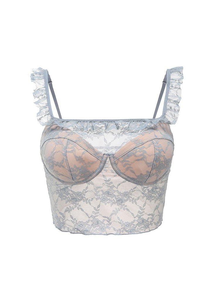 【ワイヤー入り】フリル肩紐 総レースキャミソール オシャレ