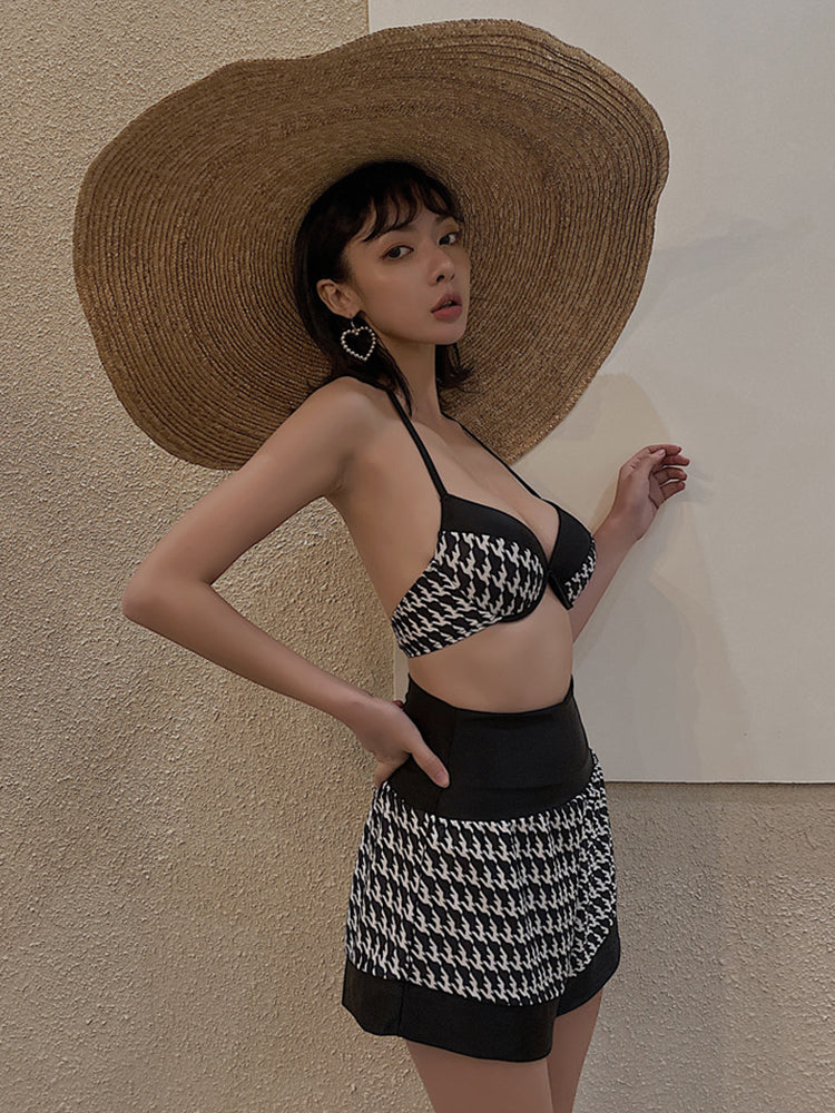 【在庫処分・ノンワイヤー】体型カバー 千鳥柄水着セット 4点入り