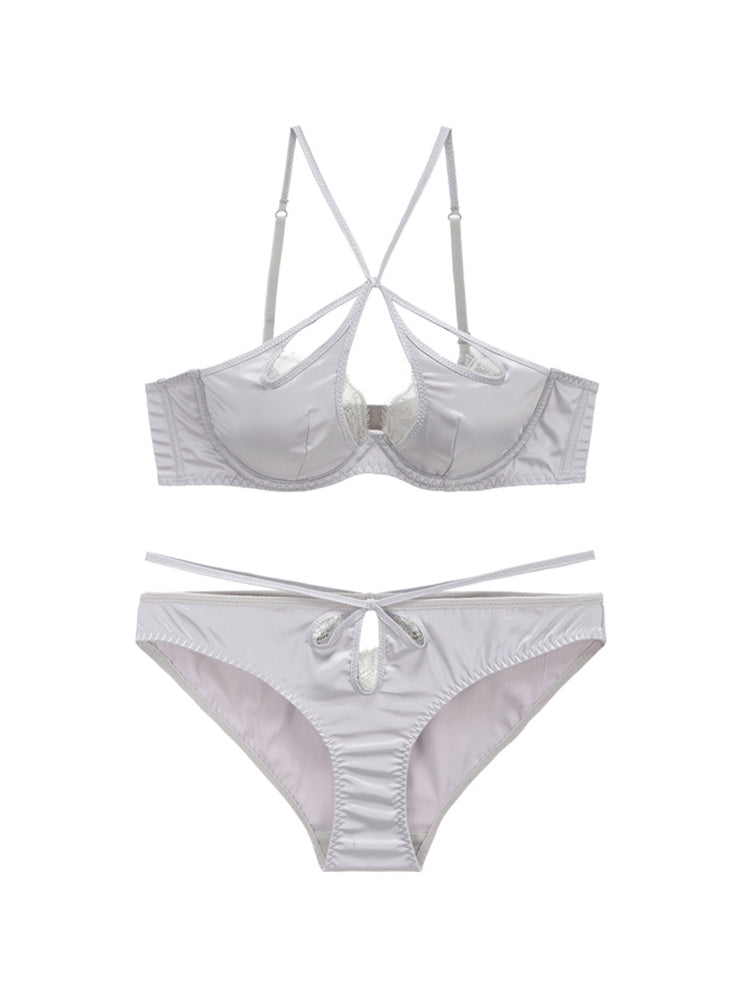 【ワイヤー入り】サテン光沢感&柔らかいレース ソフトワイヤー ブラ&ショーツセット