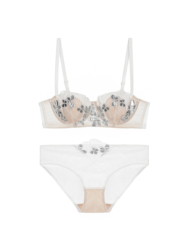 【エアリー・ワイヤー入り】花柄刺しゅうブラセット 1/2カップ