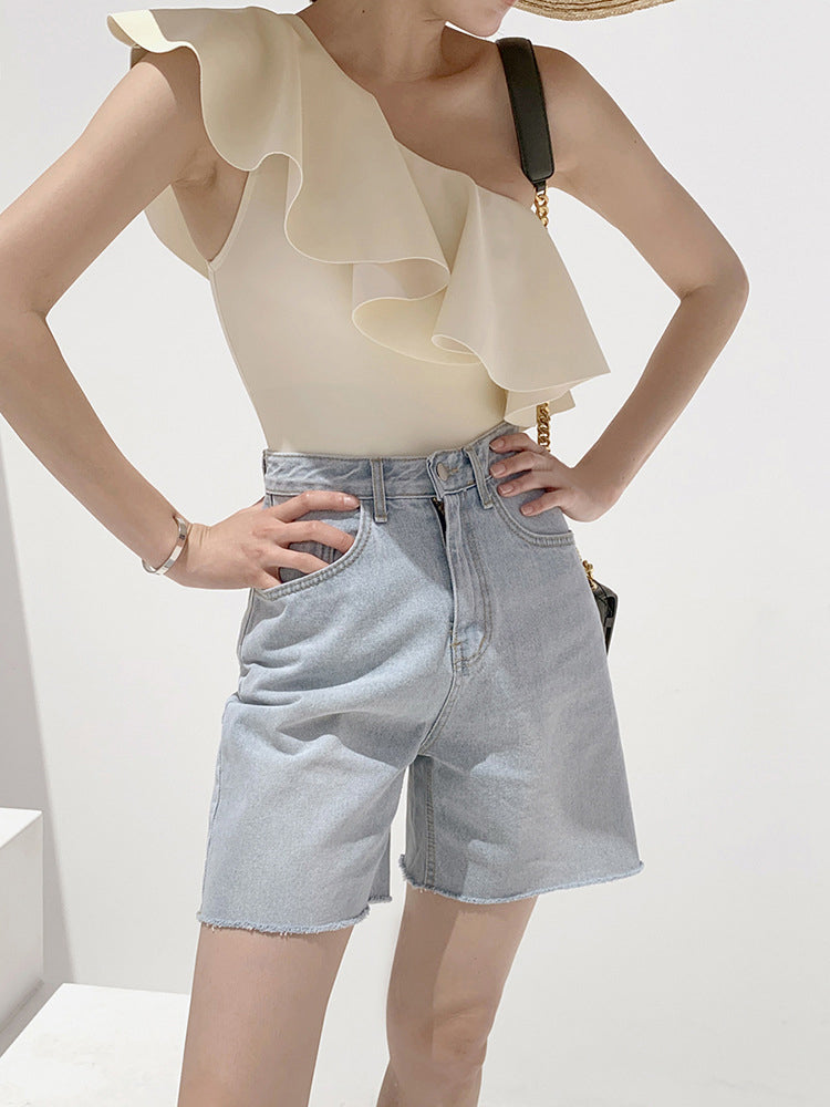 【ノンワイヤー】ワンショルダーフリル ワンピース水着