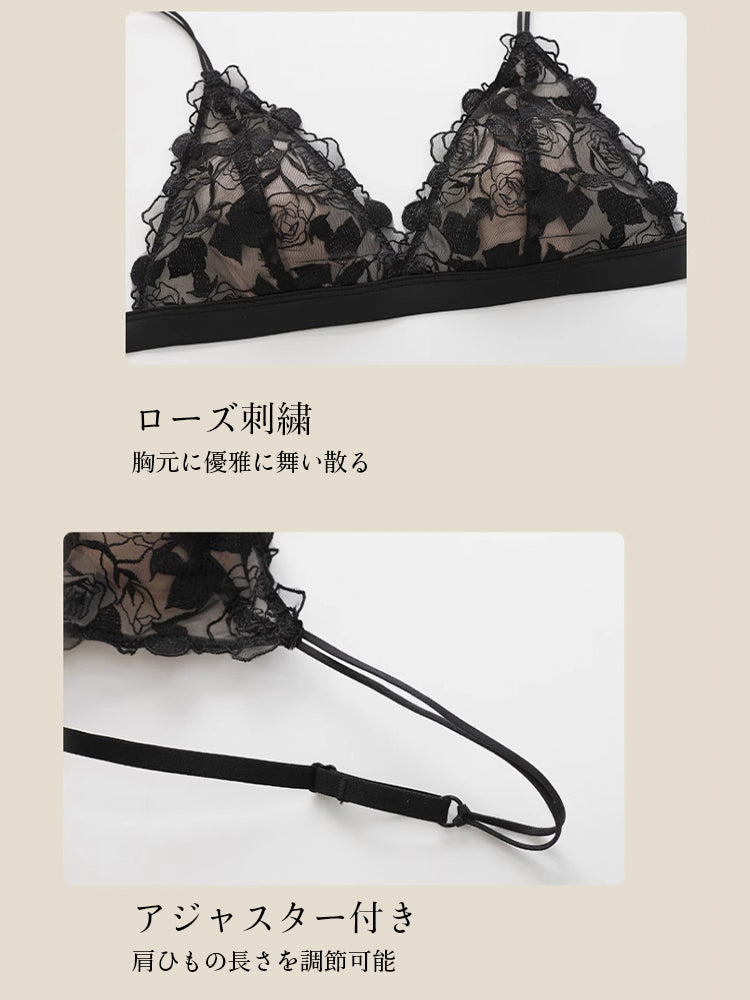 【ノンワイヤー】ローズ刺繍 フランススタイルブラ&ショーツセット