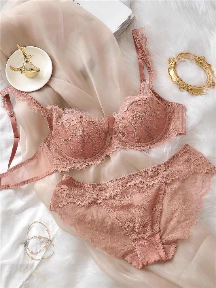 【エアリー】柔らかい総レースブラ&ショーツセット