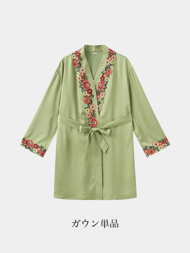 【ガウン】刺しゅう花柄 ベルト付きガウン