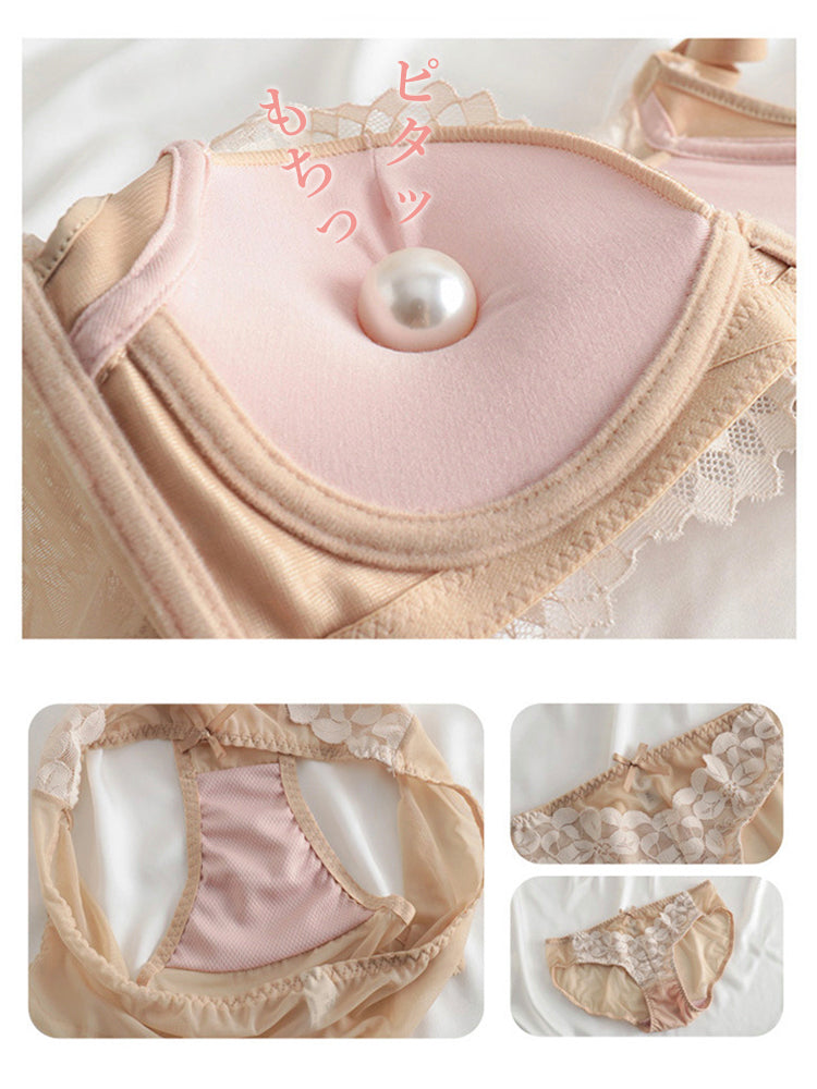 【ノンワイヤー】総レース花柄 ノンワイヤーブラセット 自胸で谷間メイク