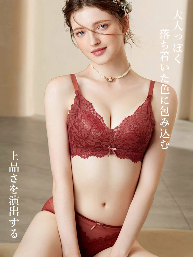 【ノンワイヤー】総レース花柄 ノンワイヤーブラセット 自胸で谷間メイク