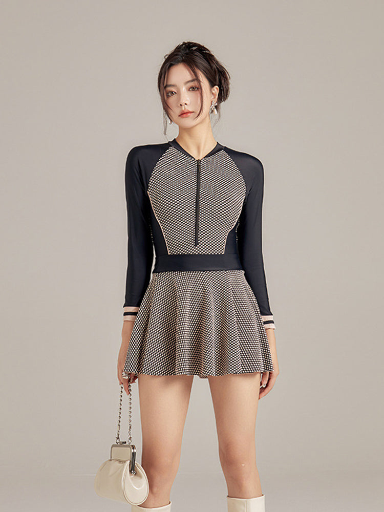 【在庫処分】UVカット スカート付き チェック柄 長袖ワンピース