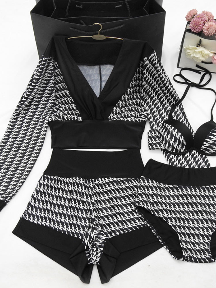 【在庫処分・ノンワイヤー】体型カバー 千鳥柄水着セット 4点入り