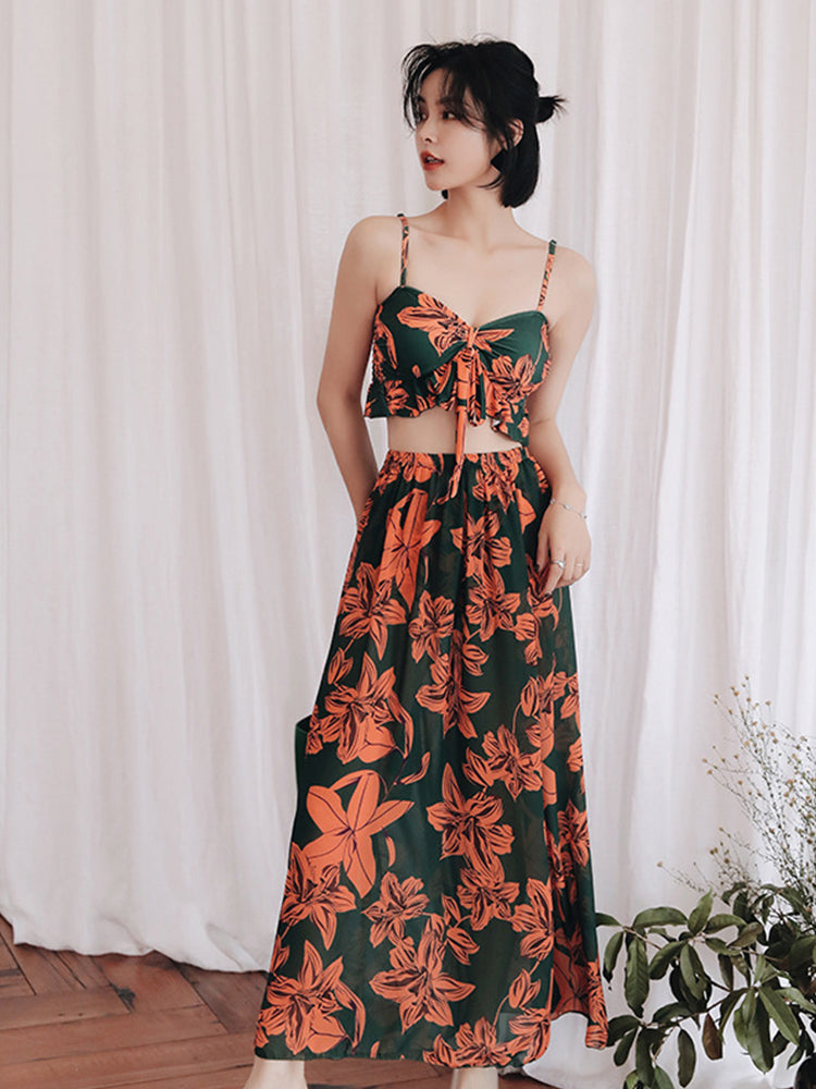 【ノンワイヤー】リリー柄ペア水着(女) スカート付き