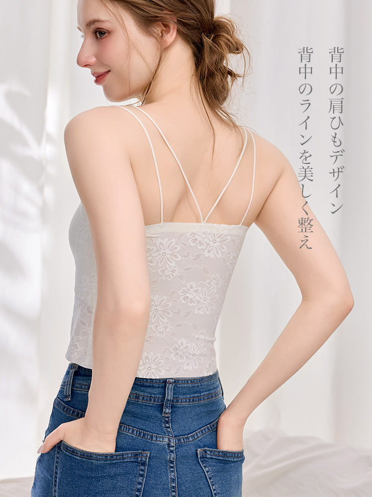 【パッド付き】レースチューブキャミソール 美背クロスデザイン