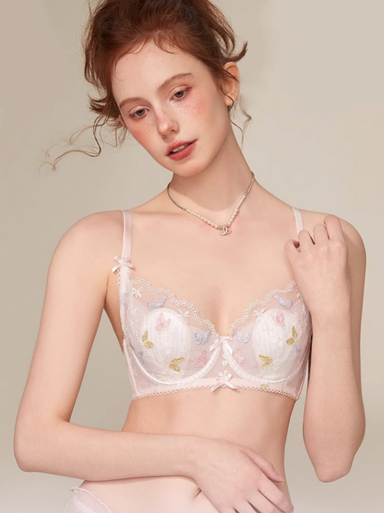 【エアリー・ワイヤー入り】ソフトワイヤー ブラ&ショーツセット 花と蝶々刺繍デザイン
