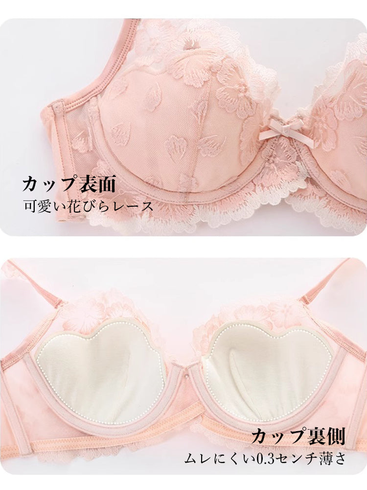 【ワイヤー入り】フリル肩紐 配色刺繍ブラジャー&ショーツ